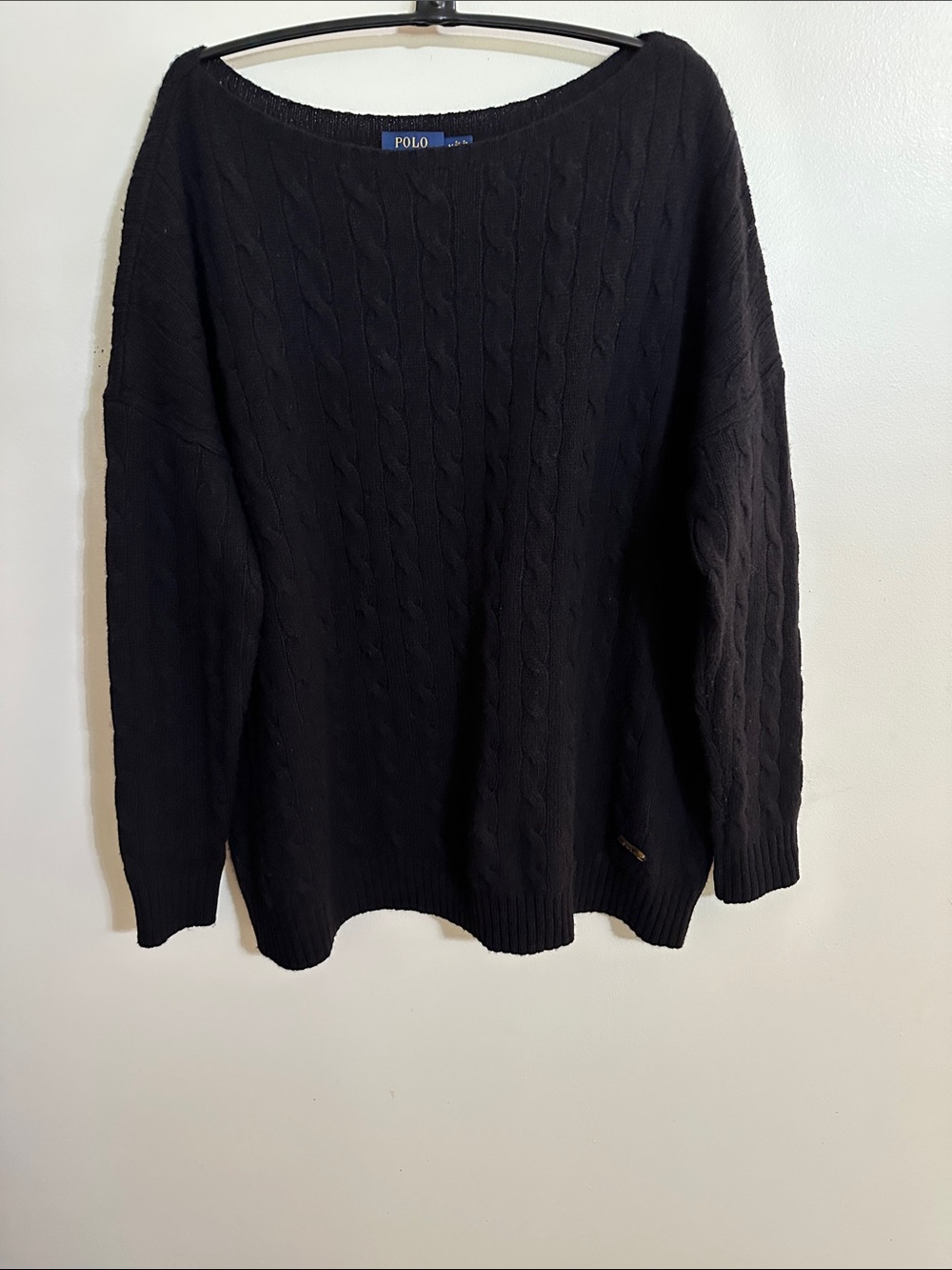 Polo by Ralph Lauren Black Boat Neck Cable-Knit Crewneck Sweater with Raglan Sle